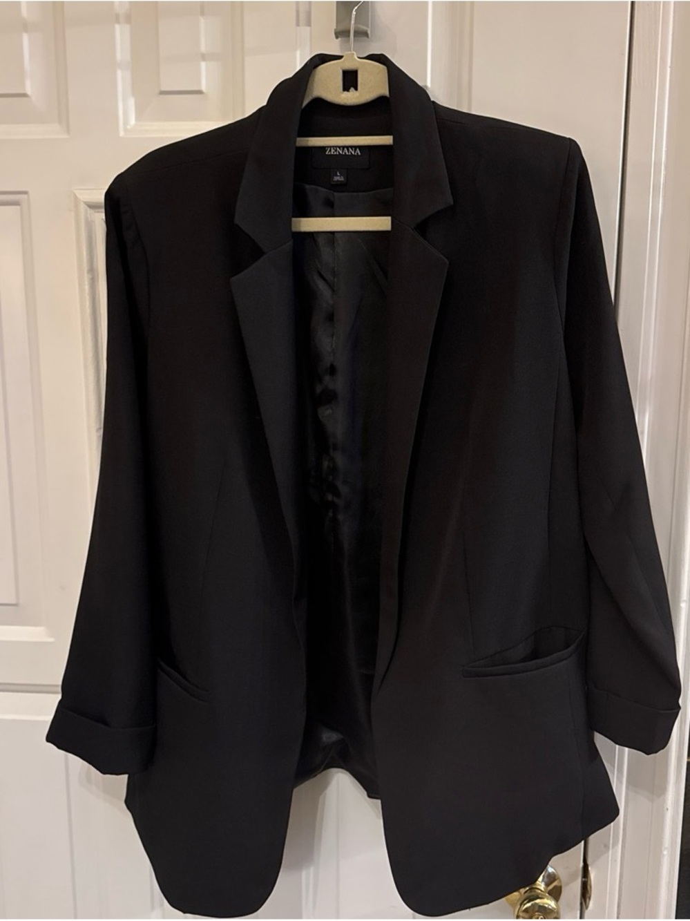 Zenana Black Open Front Blazer with Ruched 3/4 Sleeves - Size Large